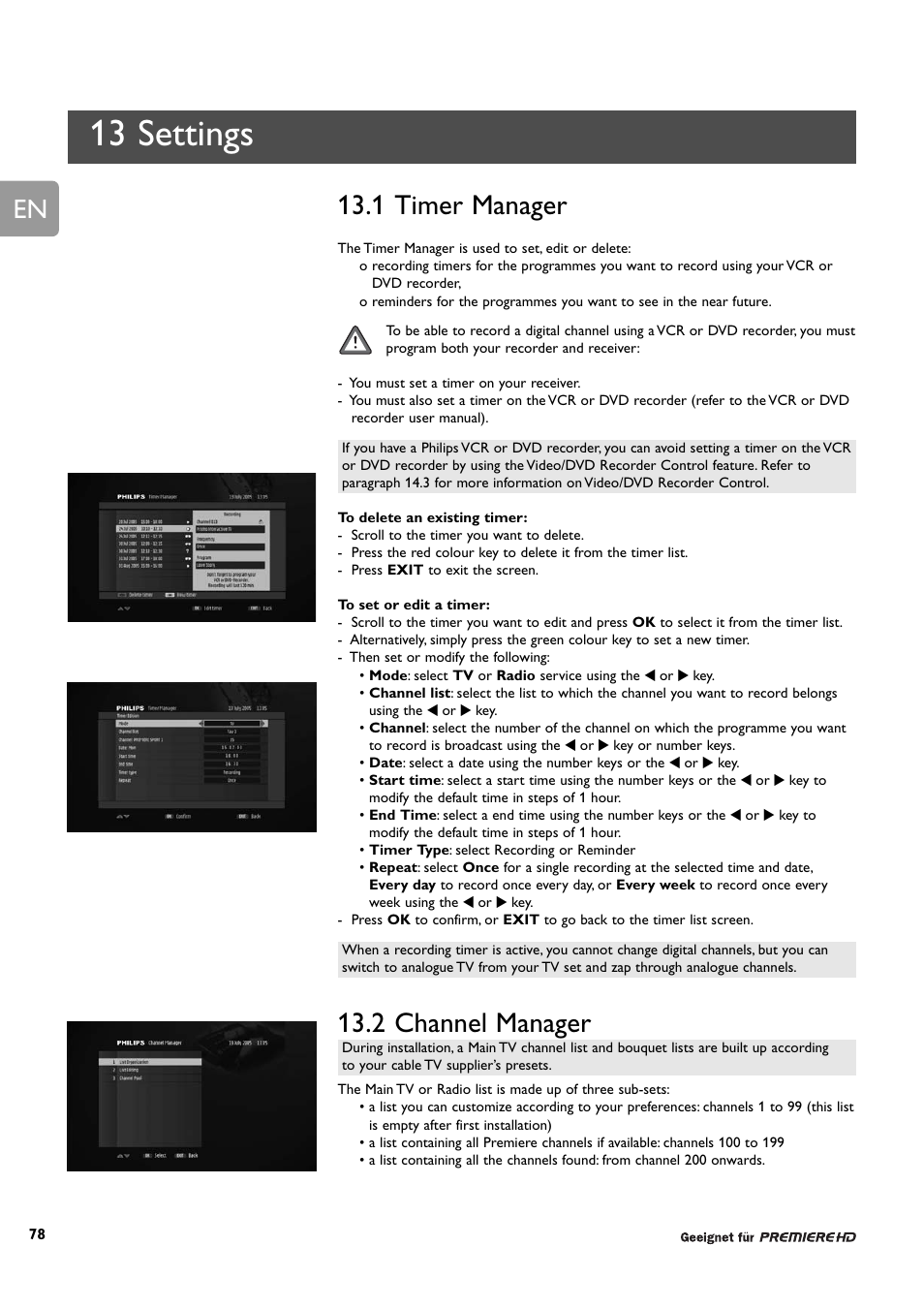 13 settings, 1 timer manager, 2 channel manager | Philips DCR 9001/22 User Manual | Page 30 / 65