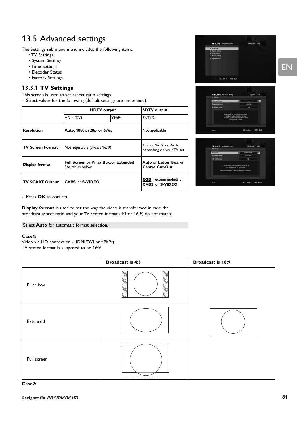 5 advanced settings, 1 tv settings | Philips DCR 9001/22 User Manual | Page 34 / 65