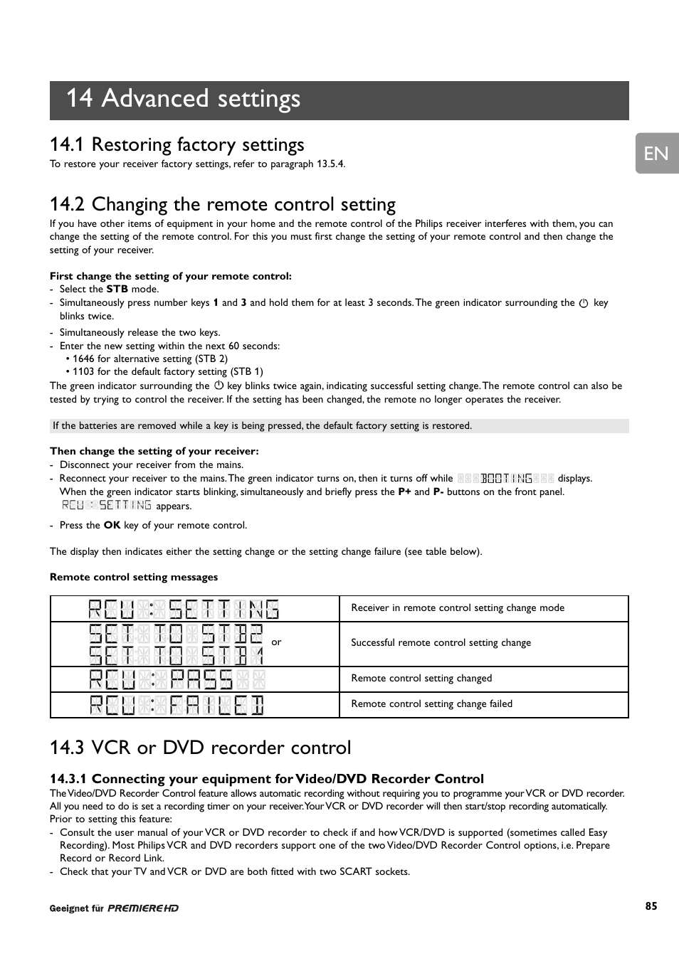 14 advanced settings, 1 restoring factory settings, 2 changing the remote control setting | 3 vcr or dvd recorder control | Philips DCR 9001/22 User Manual | Page 38 / 65