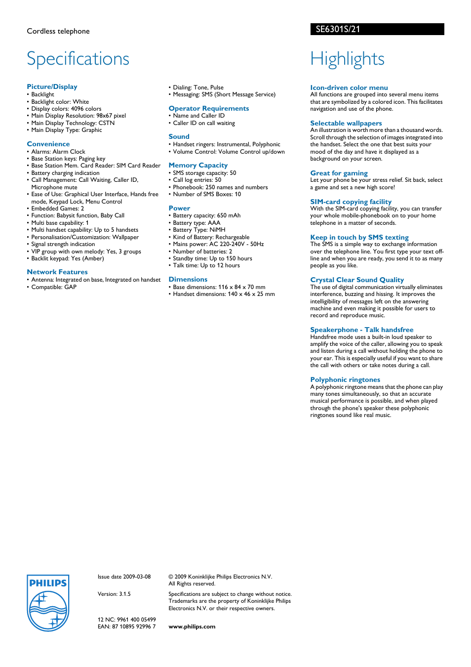 Specifications, Highlights | Philips SE6301S User Manual | Page 2 / 2