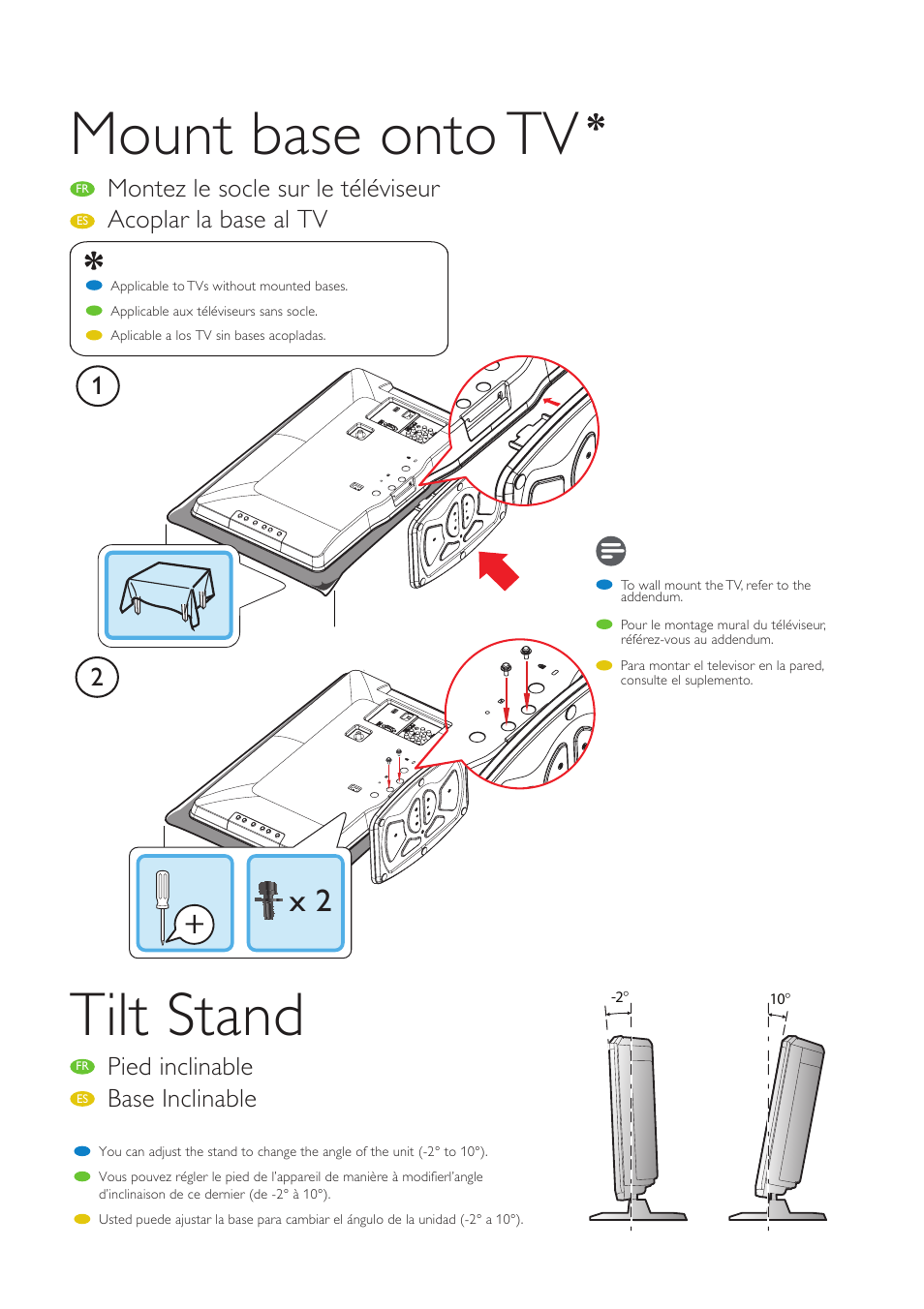 Mount base onto tv tilt stand, Pied inclinable, Base inclinable | Philips 19PFL4505D/F7 User Manual | Page 6 / 8