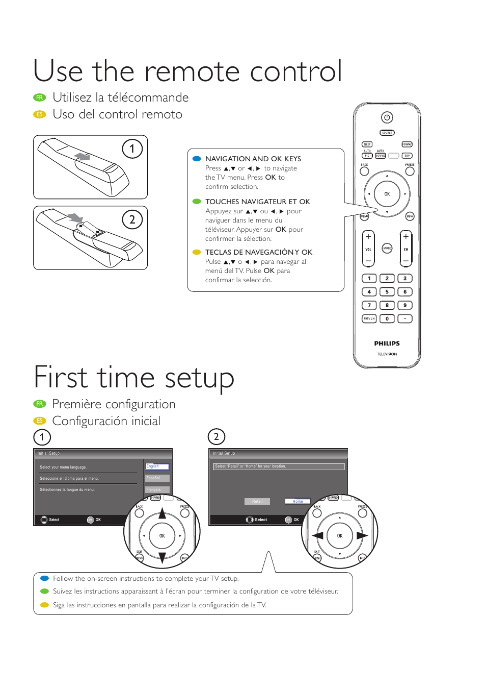 Use the remote control, First time setup, Utilisez la télécommande | Uso del control remoto, Configuración inicial, Première configuration | Philips 19PFL4505D/F7 User Manual | Page 8 / 8