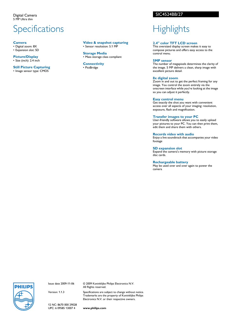 Specifications, Highlights | Philips SIC4524BB User Manual | Page 2 / 2