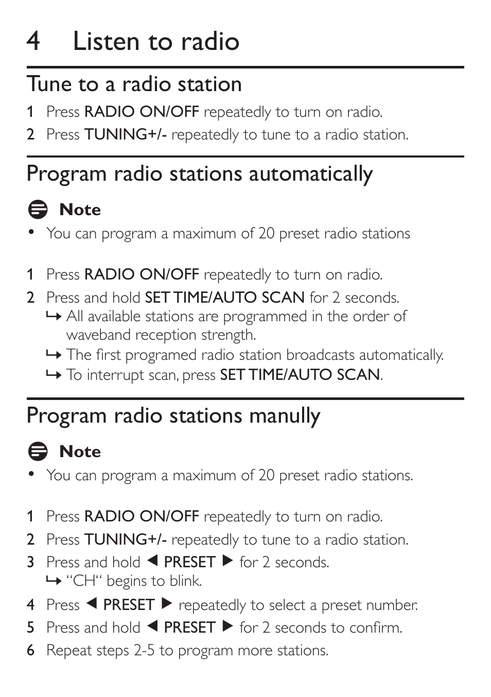 4 listen to radio, Tune to a radio station, Program radio stations automatically | Program radio stations manully | Philips AJ4200/79 User Manual | Page 12 / 24