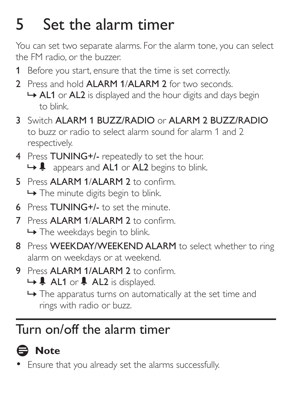 5 set the alarm timer, Turn on/off the alarm timer | Philips AJ4200/79 User Manual | Page 14 / 24