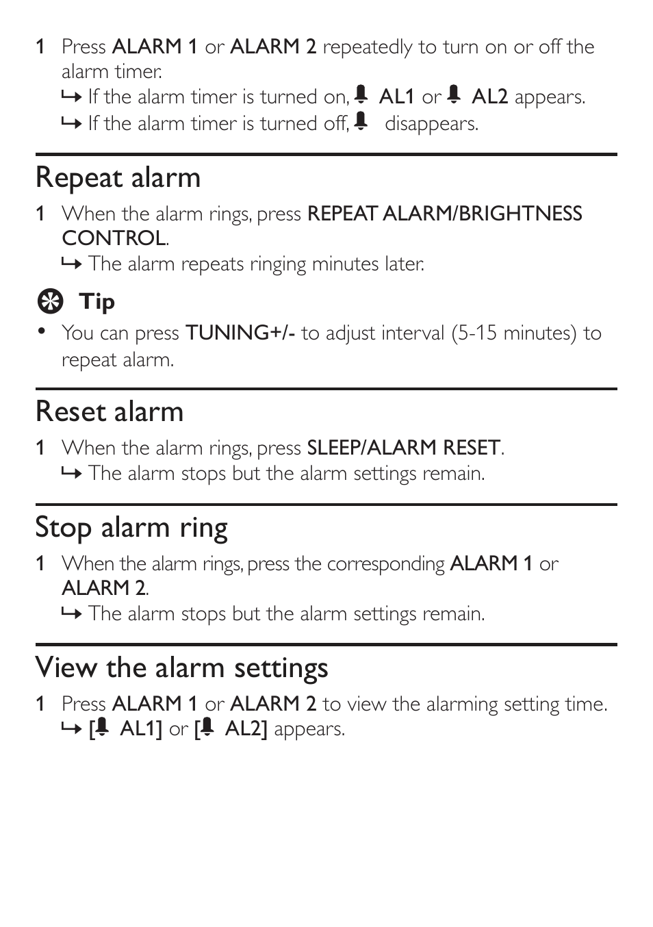 Repeat alarm, Reset alarm, Stop alarm ring | View the alarm settings | Philips AJ4200/79 User Manual | Page 15 / 24