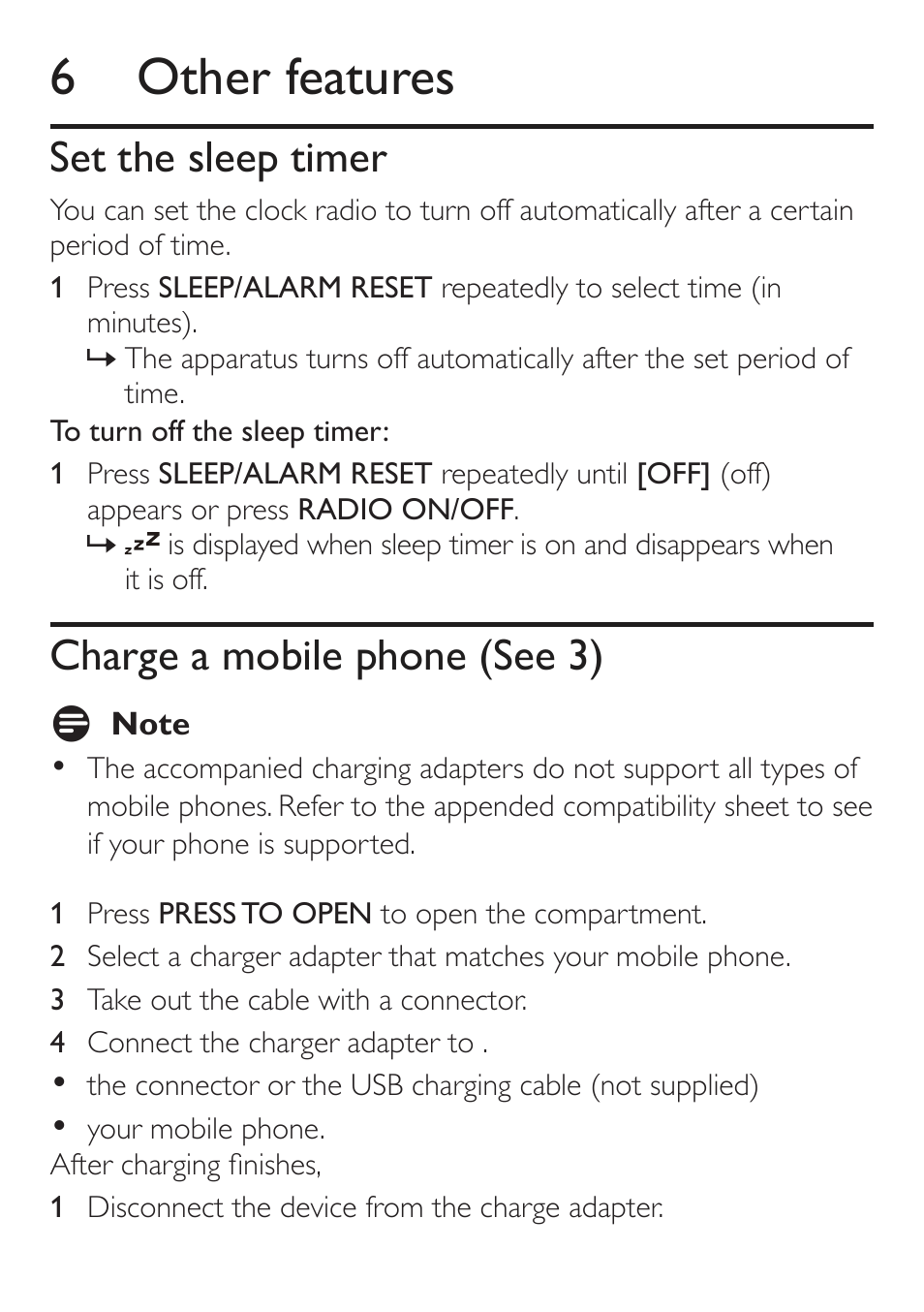 6 other features, Set the sleep timer, Charge a mobile phone (see 3) | Philips AJ4200/79 User Manual | Page 16 / 24