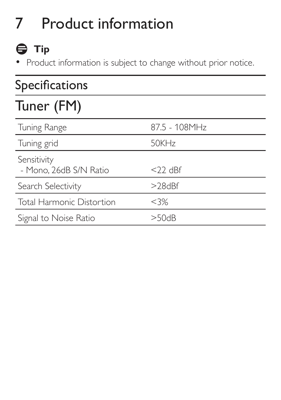 7 product information, Tuner (fm), Specifi cations | Philips AJ4200/79 User Manual | Page 18 / 24