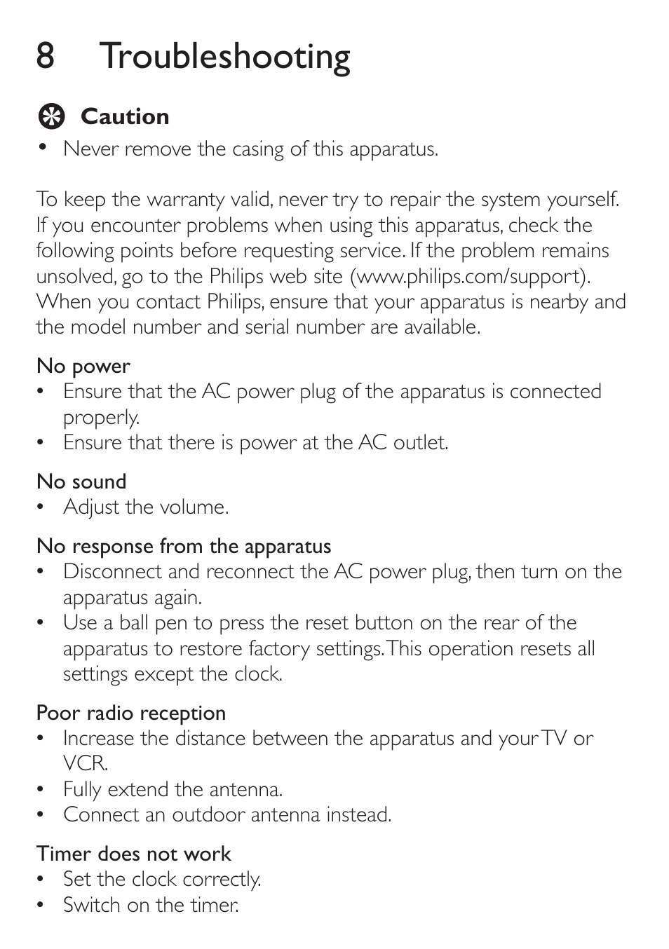 8 troubleshooting | Philips AJ4200/79 User Manual | Page 20 / 24