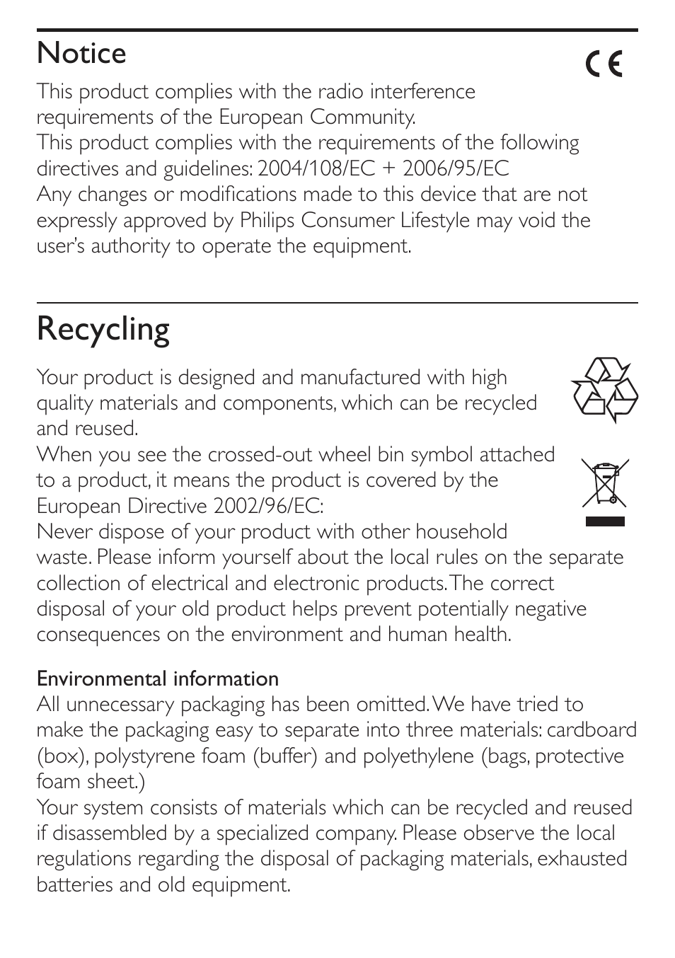 Recycling, Notice | Philips AJ4200/79 User Manual | Page 5 / 24