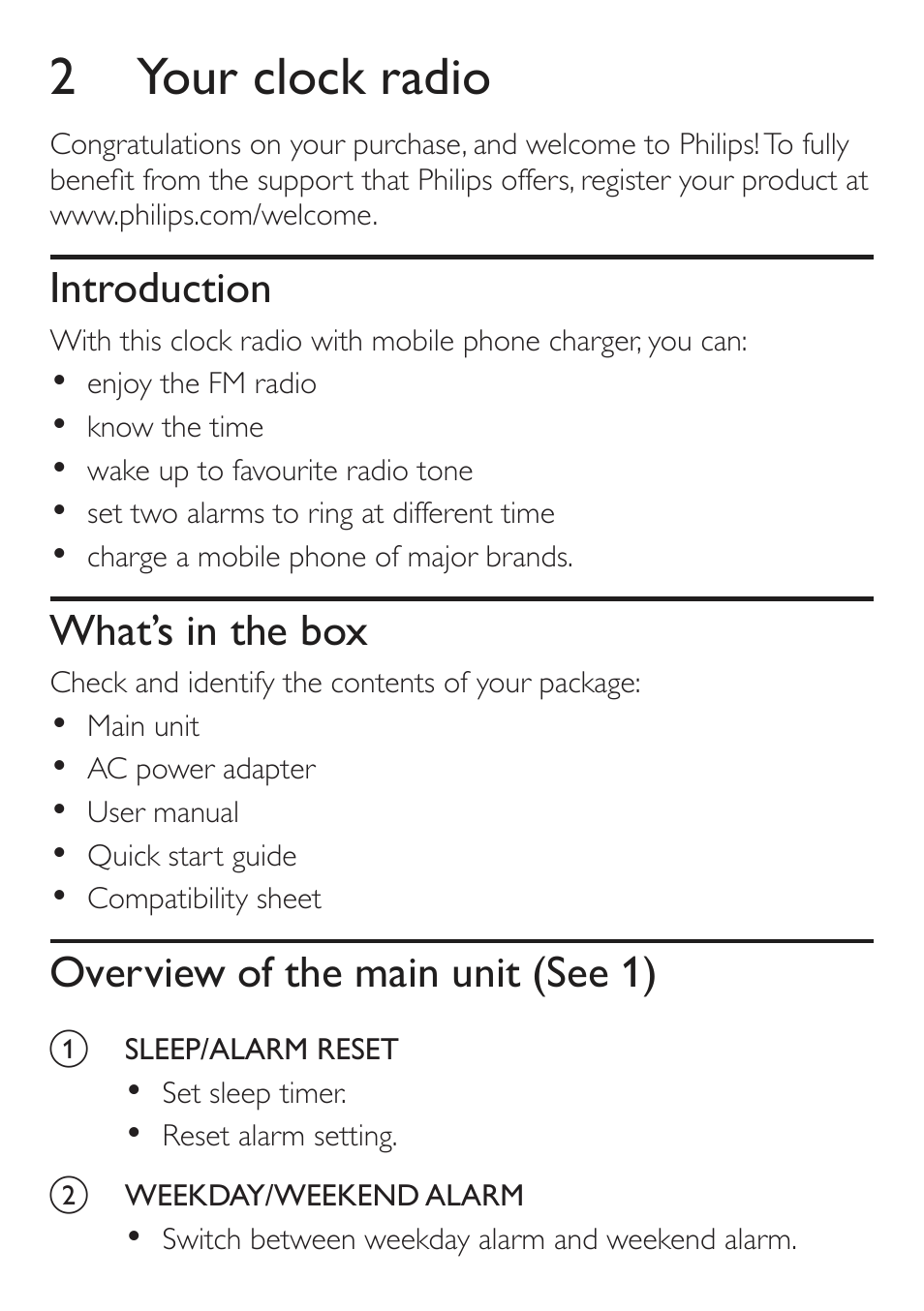 2 your clock radio, Introduction, What’s in the box | Overview of the main unit (see 1) | Philips AJ4200/79 User Manual | Page 7 / 24