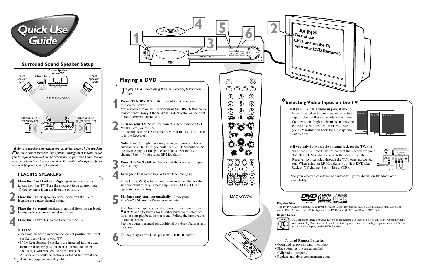 Quick use guide quick use guide, Av in, Playing a dvd | Philips MRD 200 User Manual | Page 2 / 2