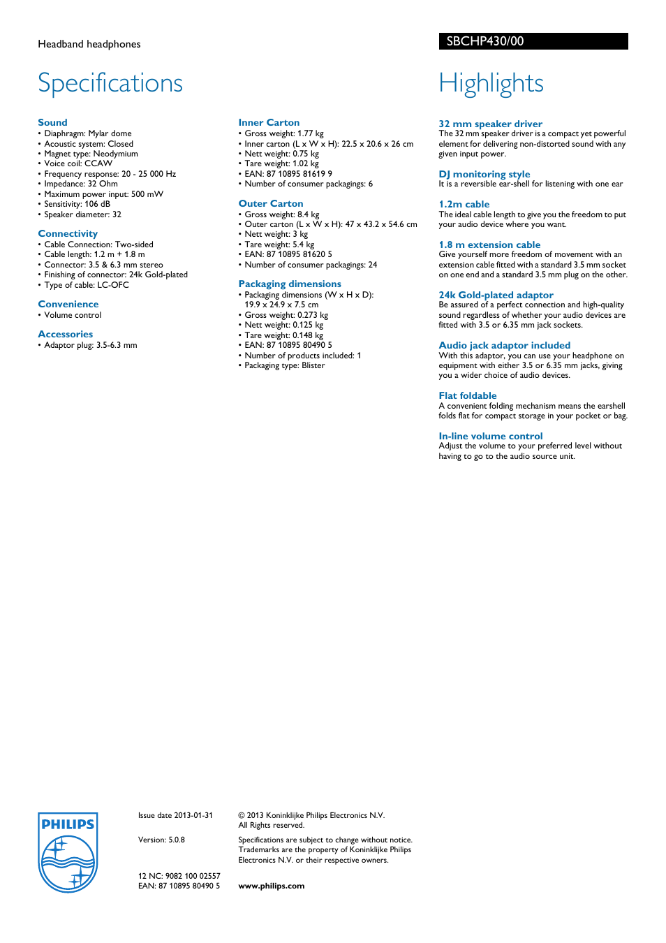 Specifications, Highlights | Philips SBCH P430 User Manual | Page 2 / 2