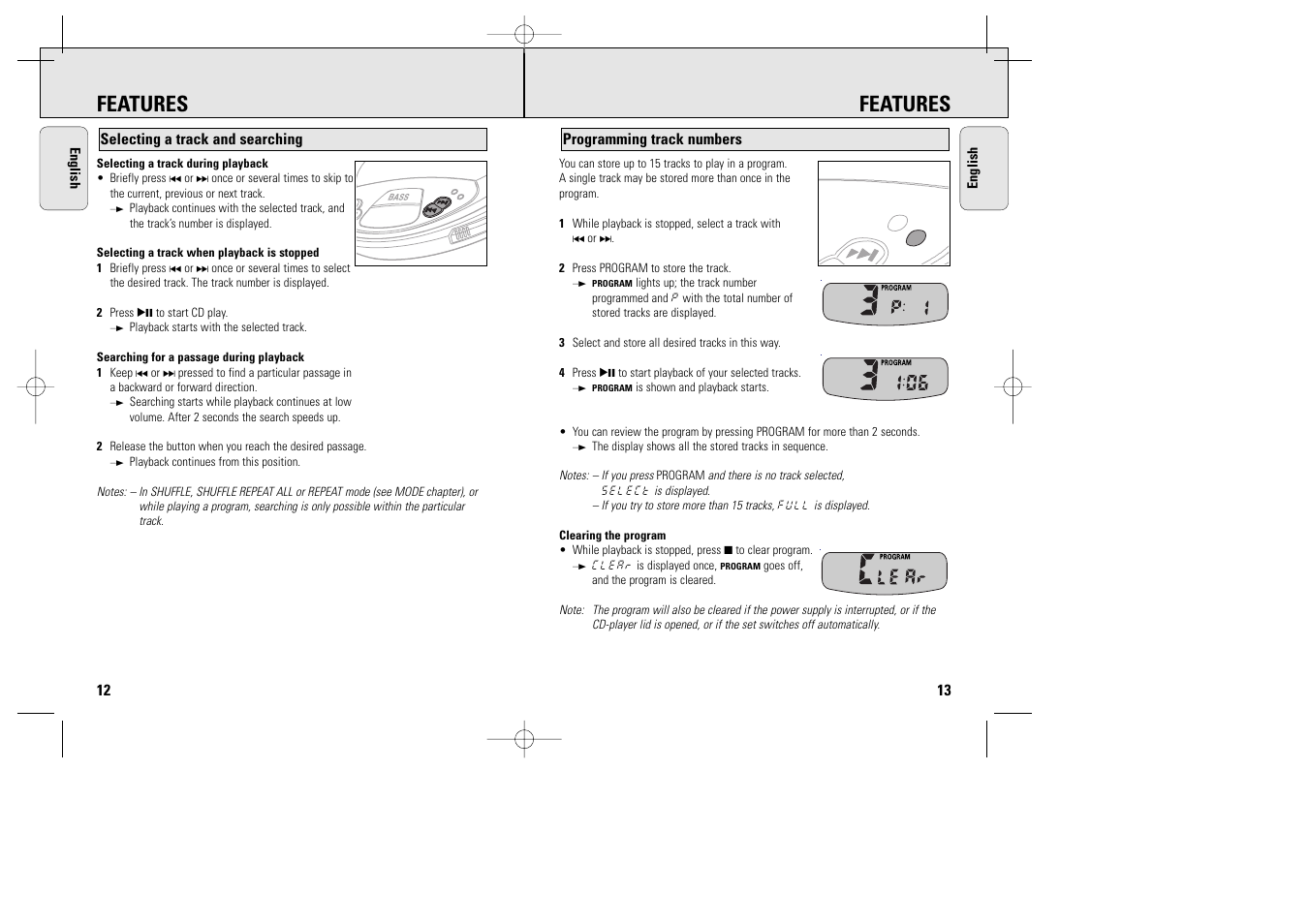 Features, Program mode | Philips AX1000 User Manual | Page 12 / 17