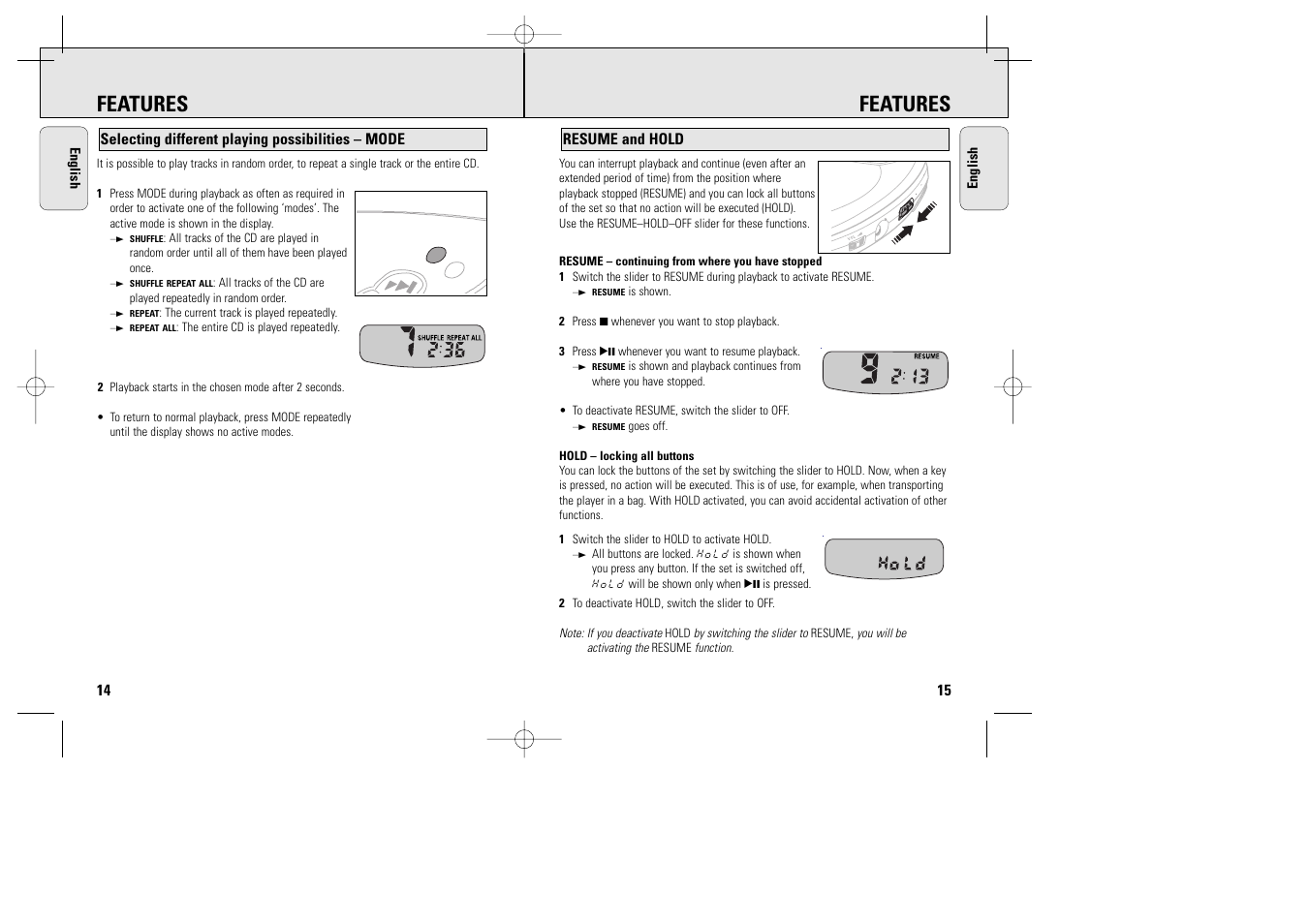 Features, Selecting different playing possibilities – mode, Resume and hold | Philips AX1000 User Manual | Page 14 / 17