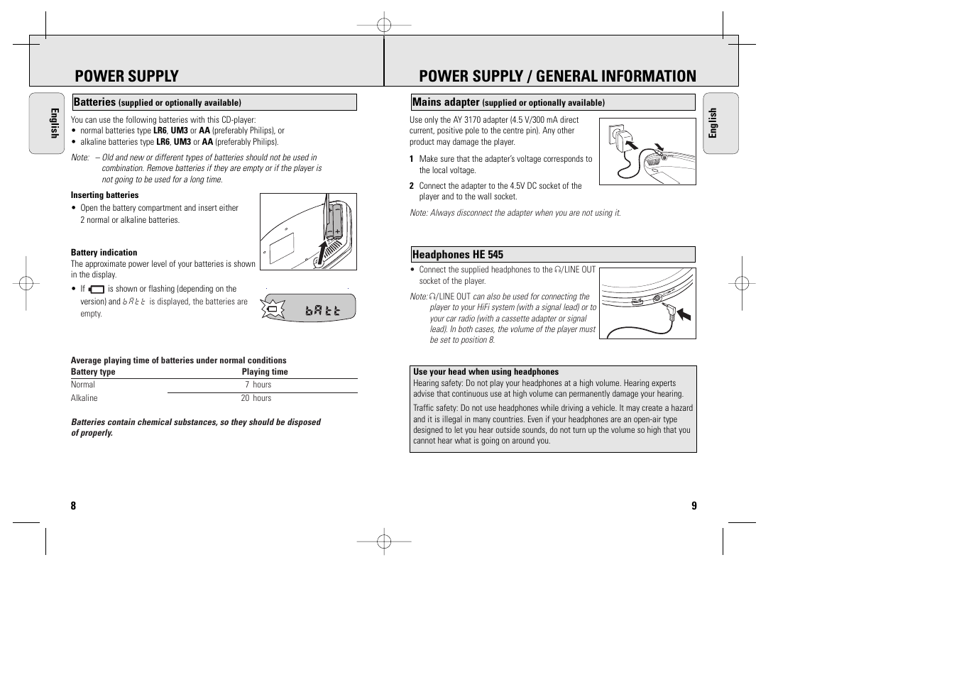Power supply / general information, Power supply, 4,5v dc | Philips AX1000 User Manual | Page 7 / 17