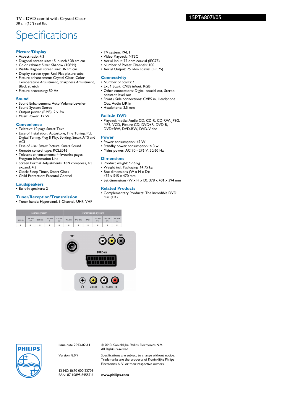 Specifications | Philips 15PT6807I User Manual | Page 3 / 3