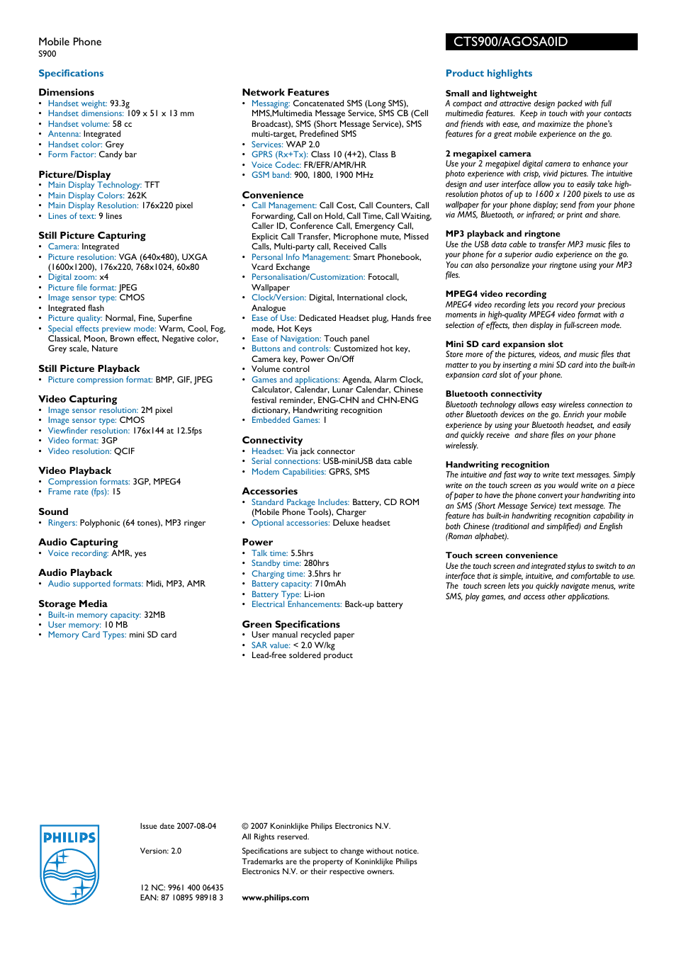 Cts900/agosa0id | Philips CTS900 User Manual | Page 2 / 2