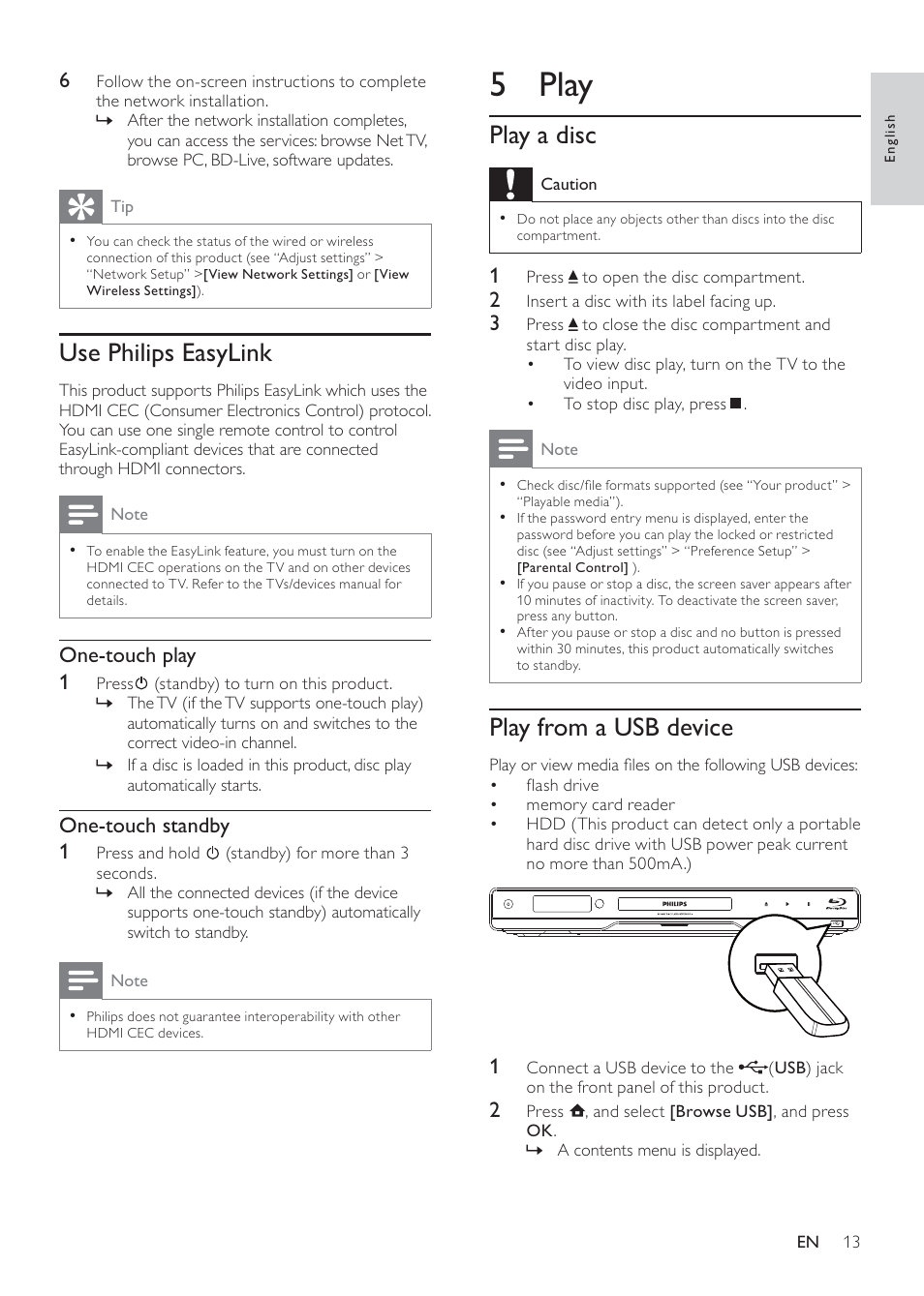 5 play, Play a disc, Play from a usb device | Use philips easylink | Philips BDP7500S2 User Manual | Page 13 / 50