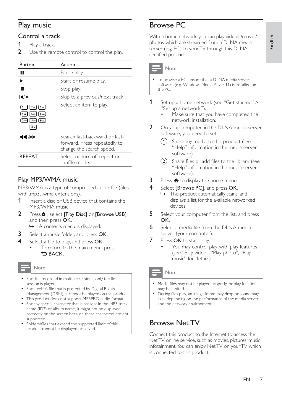 Browse pc, Browse net tv, Play music | Philips BDP7500S2 User Manual | Page 17 / 50