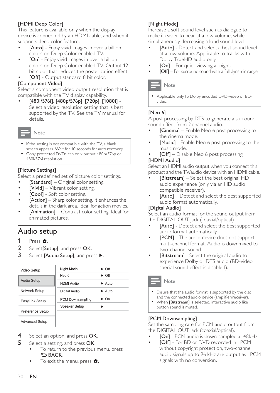 Audio setup | Philips BDP7500S2 User Manual | Page 20 / 50