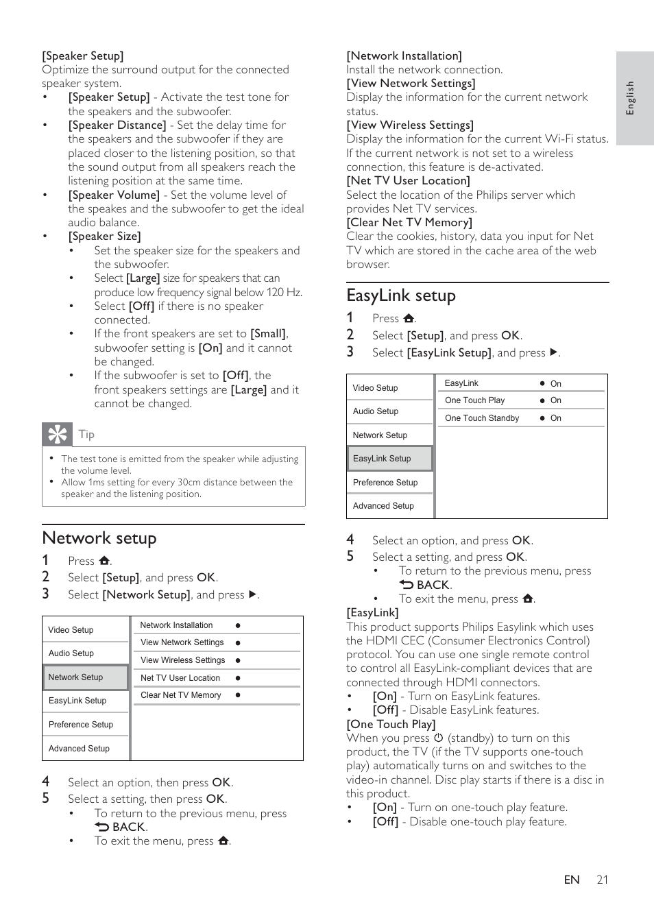 Easylink setup, Network setup | Philips BDP7500S2 User Manual | Page 21 / 50