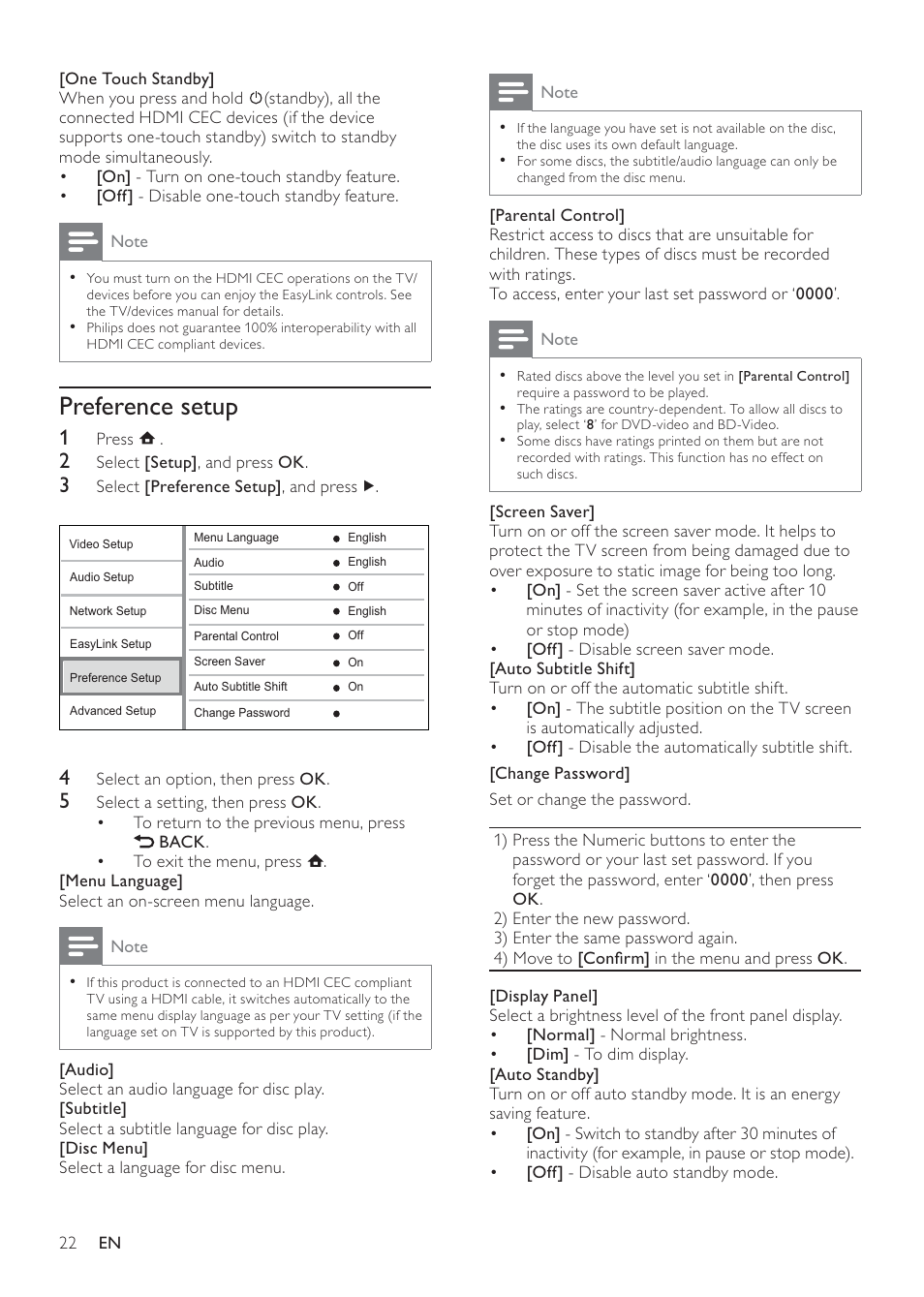 Preference setup | Philips BDP7500S2 User Manual | Page 22 / 50