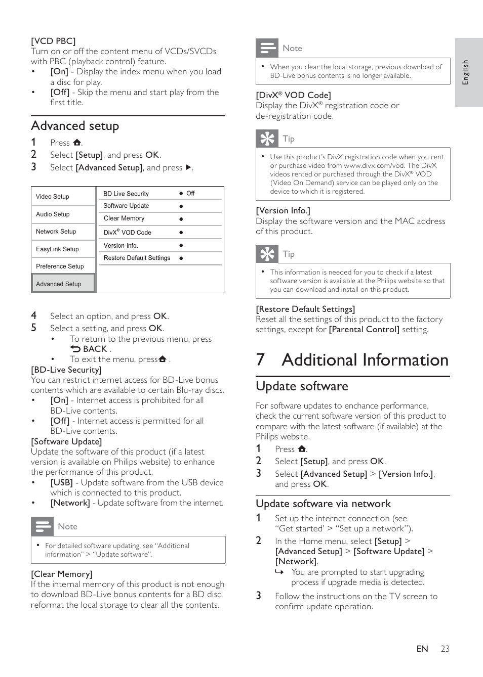 7 additional information, Update software, Advanced setup | Philips BDP7500S2 User Manual | Page 23 / 50
