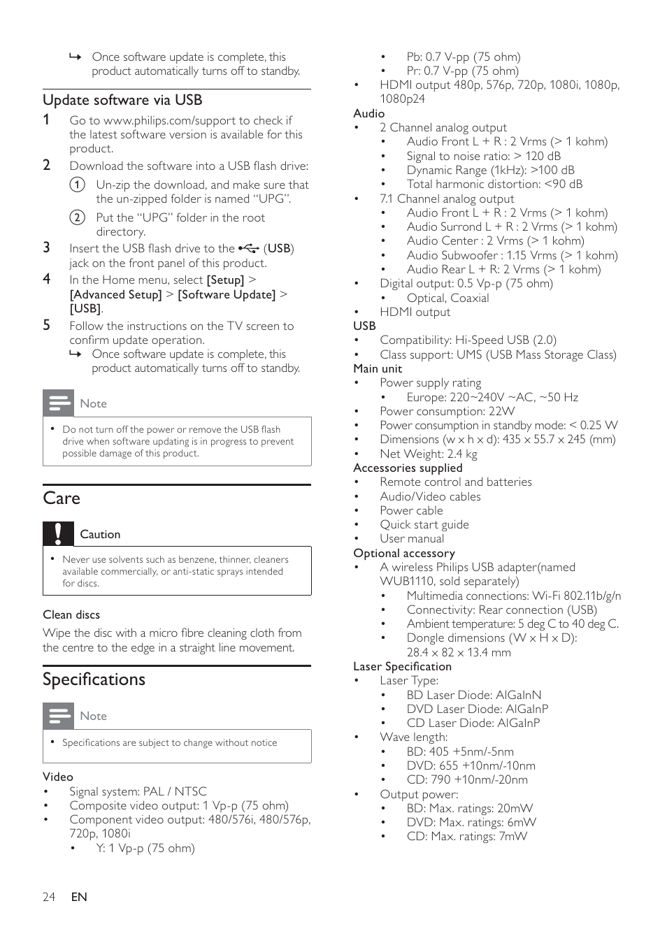 Care, Speciﬁcations, Update software via usb 1 | Philips BDP7500S2 User Manual | Page 24 / 50