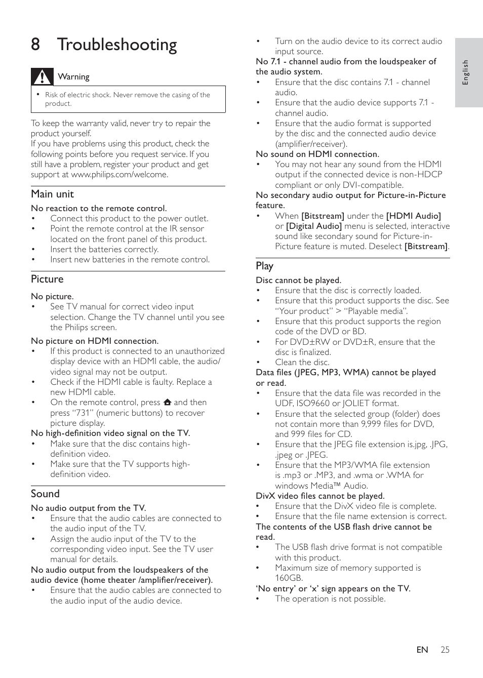 8 troubleshooting, Play, Main unit | Picture, Sound | Philips BDP7500S2 User Manual | Page 25 / 50