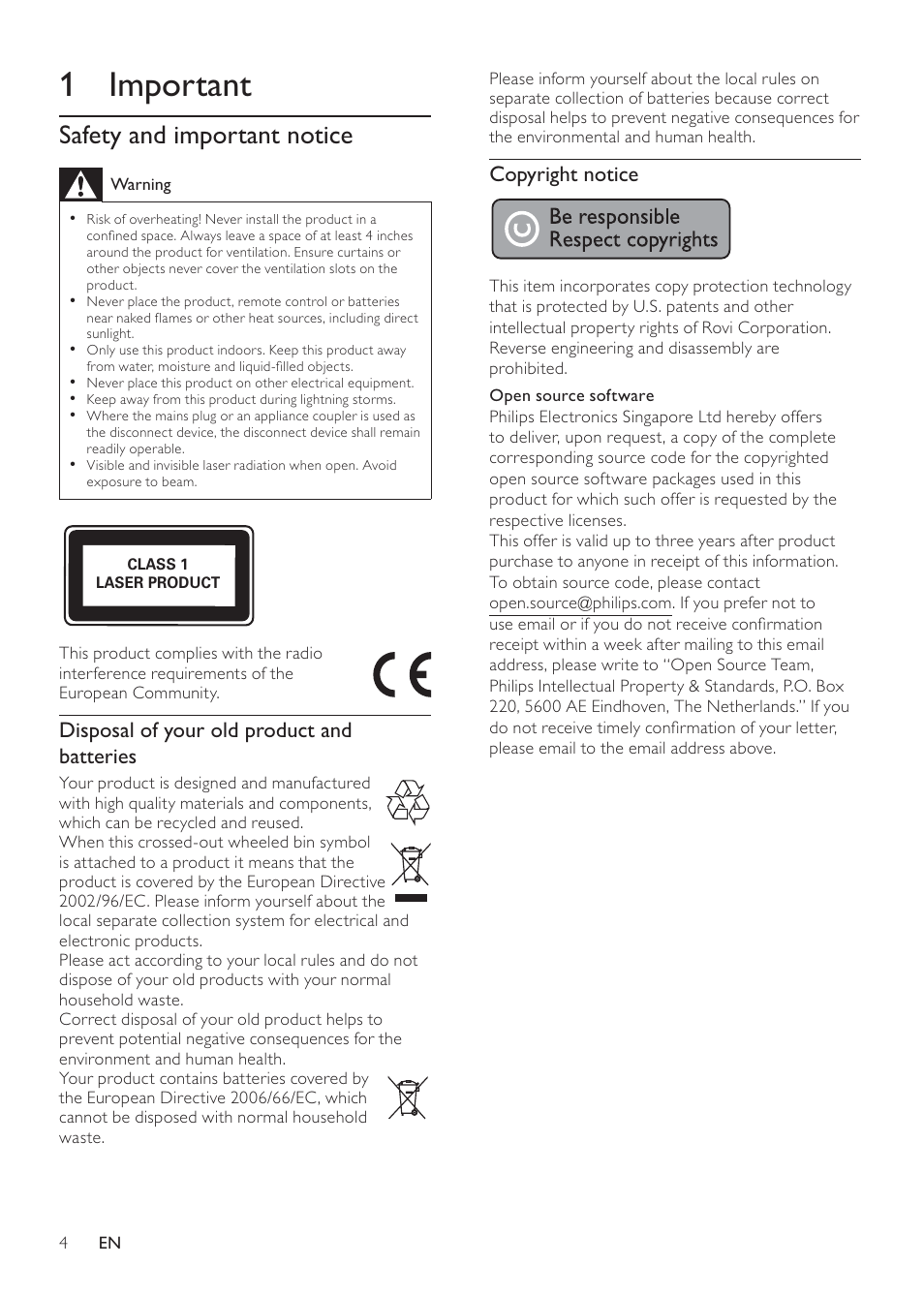 1 important | Philips BDP7500S2 User Manual | Page 4 / 50