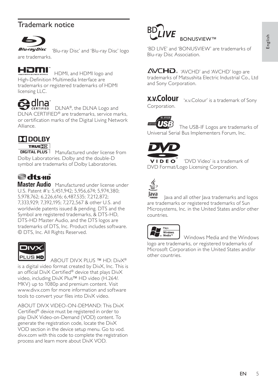 Trademark notice | Philips BDP7500S2 User Manual | Page 5 / 50