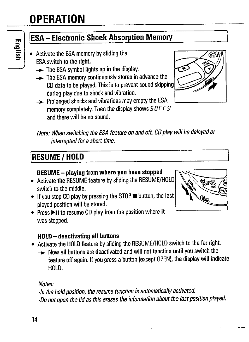 Esa - electronic shock absorption memory, Resume/hold, Operation | Philips AZ 7465 User Manual | Page 14 / 22
