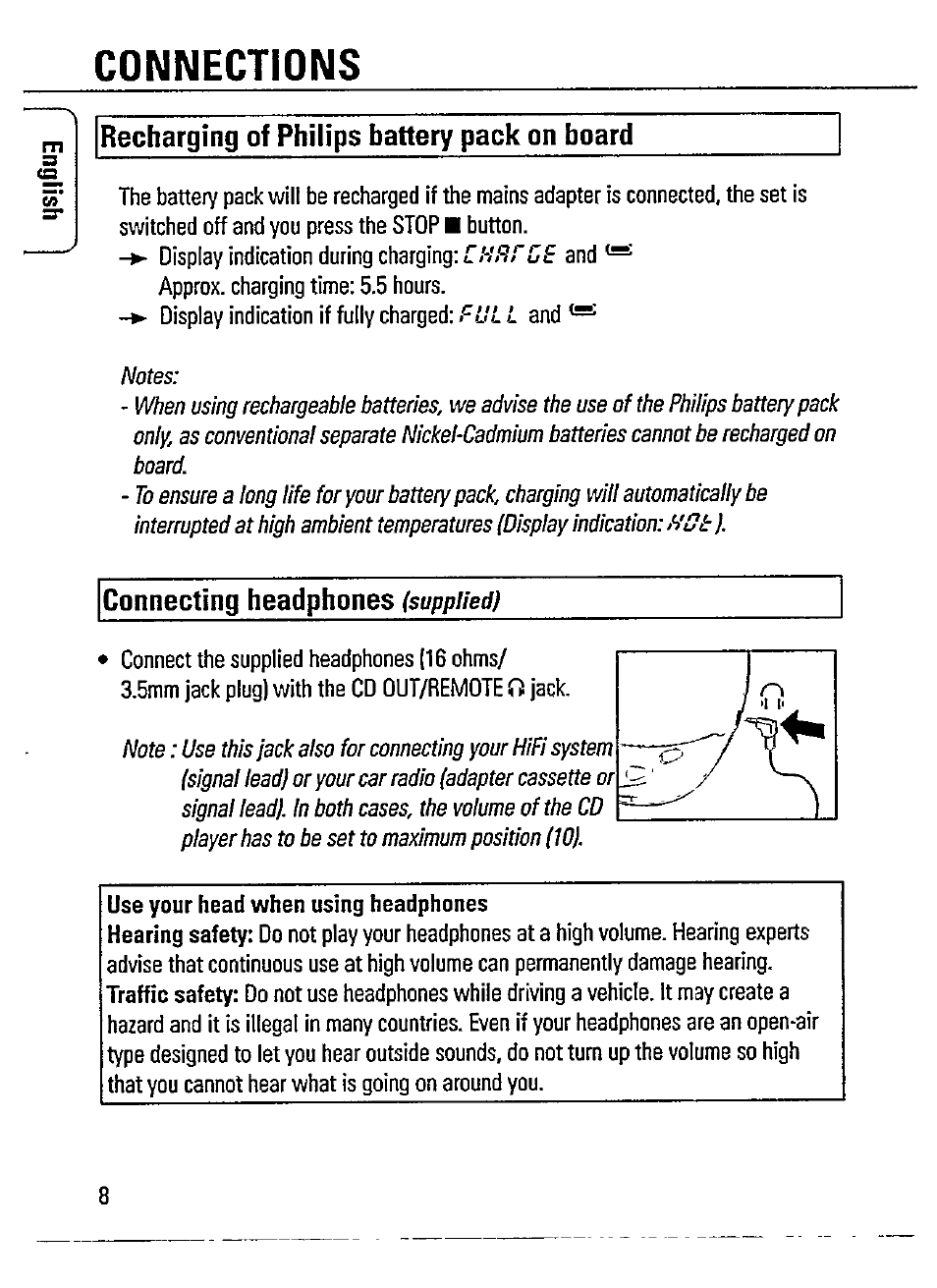 Connections, Recharging of philips battery pack on board, Connecting headphones (supplied) | Connecting headphones | Philips AZ 7465 User Manual | Page 8 / 22