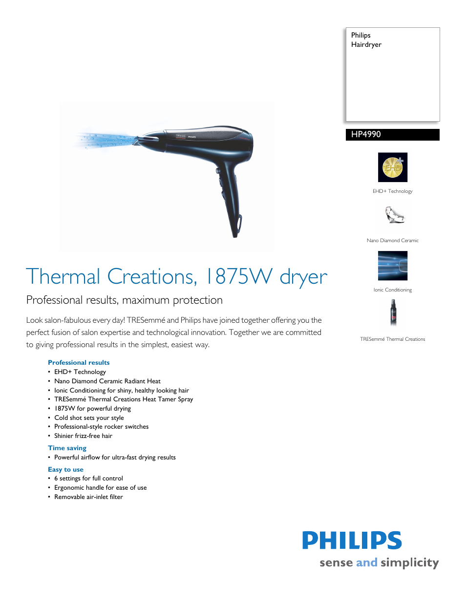 Philips Hairdyer HP4990 User Manual | 2 pages