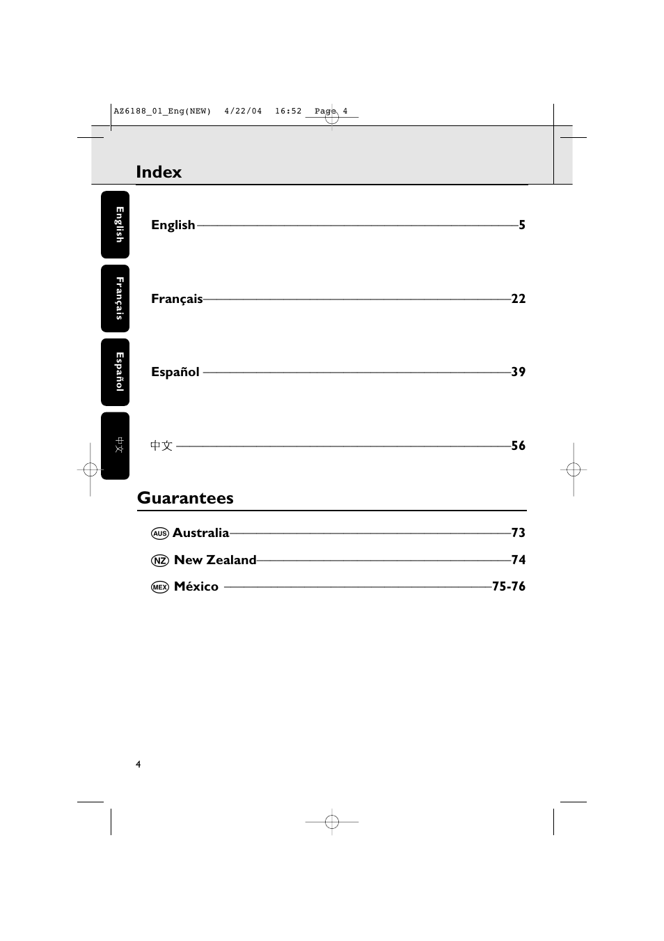 Index, Guarantees | Philips AZ 6188 User Manual | Page 4 / 21