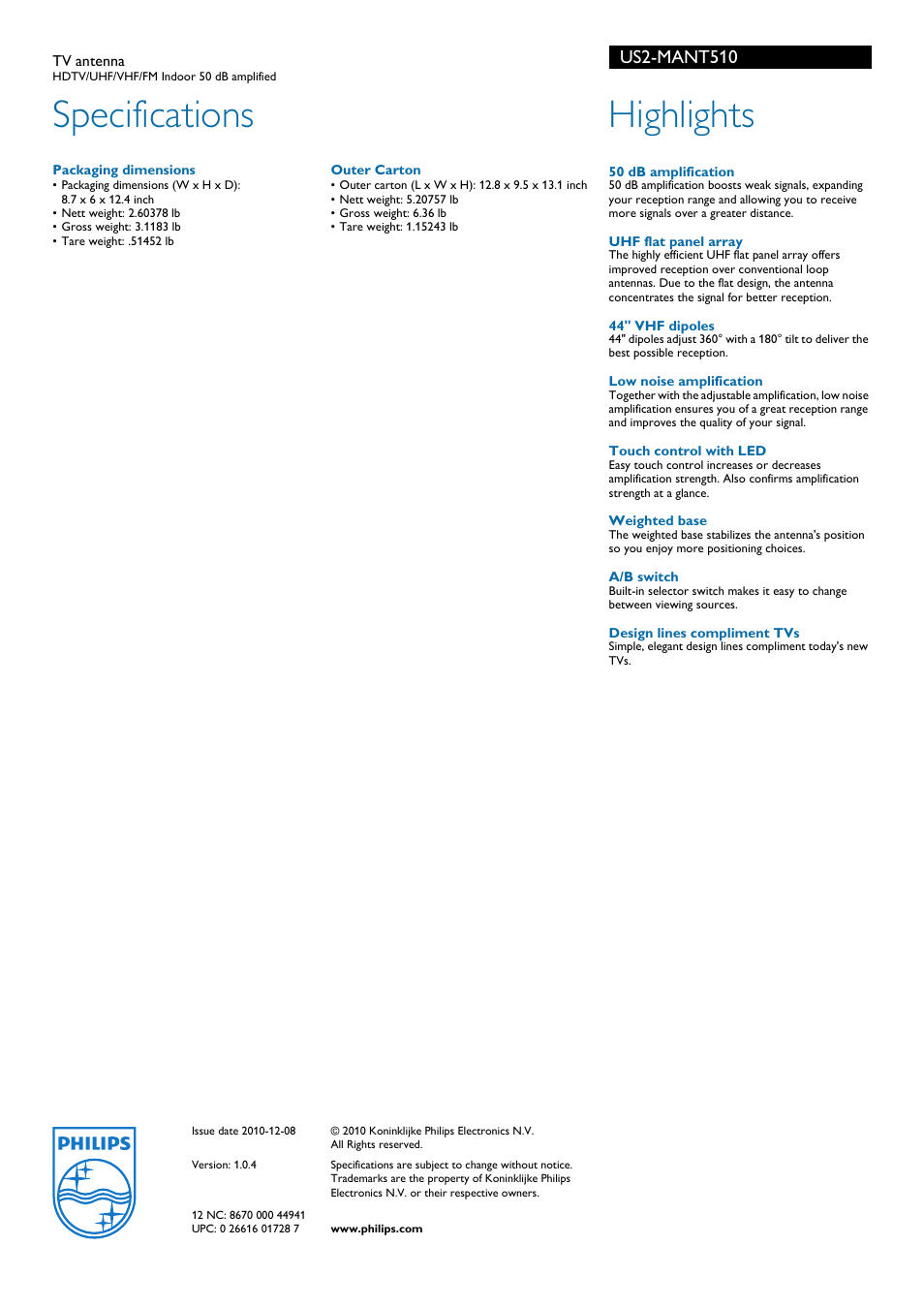 Specifications, Highlights, Us2-mant510 | Philips US2-MANT510 User Manual | Page 2 / 2