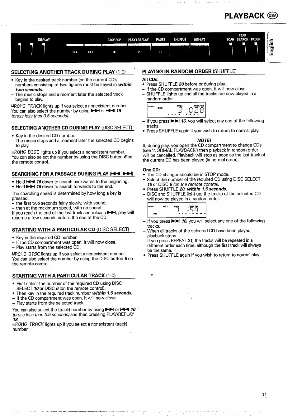 Selecting another track during play (1-0), Selecting another cd during play (disc select), Searching for a passage during play | Starting with a particular cd (disc select), Playing in random order (shuffle), Starting with a particular track (1-0), Playback | Philips CDC 936 User Manual | Page 11 / 26