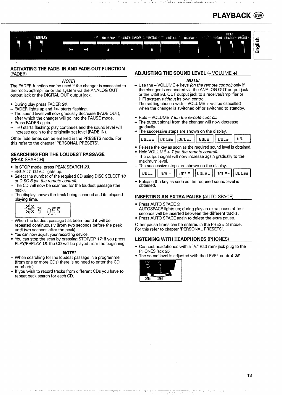 Activating the fade- in and fade-out function, Searching for the loudest passage, Adjusting the sound level (-volume +) | Playback | Philips CDC 936 User Manual | Page 13 / 26