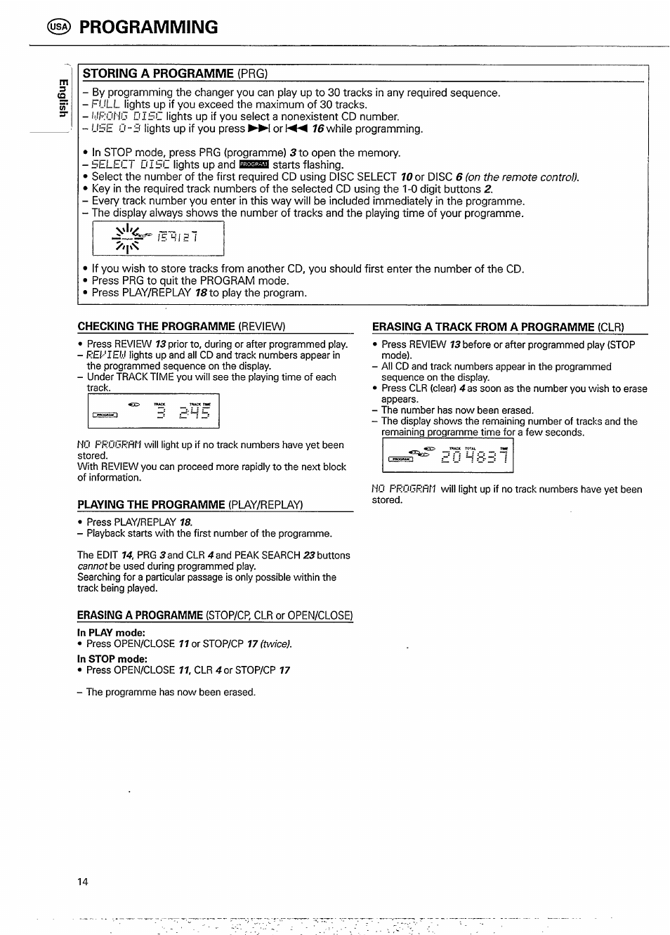 Programming, Checking the programme (review), Playing the programme (play/replay) | In stop mode, Erasing a track from a programme (clr), Storing a programme | Philips CDC 936 User Manual | Page 14 / 26