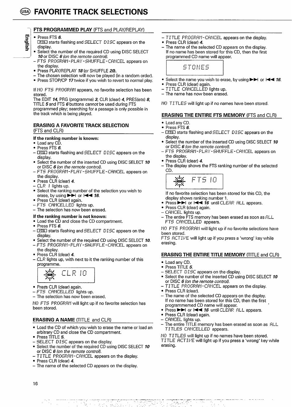 Favorite track selections, Erasing a favorite track selection, Erasing the entire fts memory (fts and clr) | Erasing a name | Philips CDC 936 User Manual | Page 16 / 26