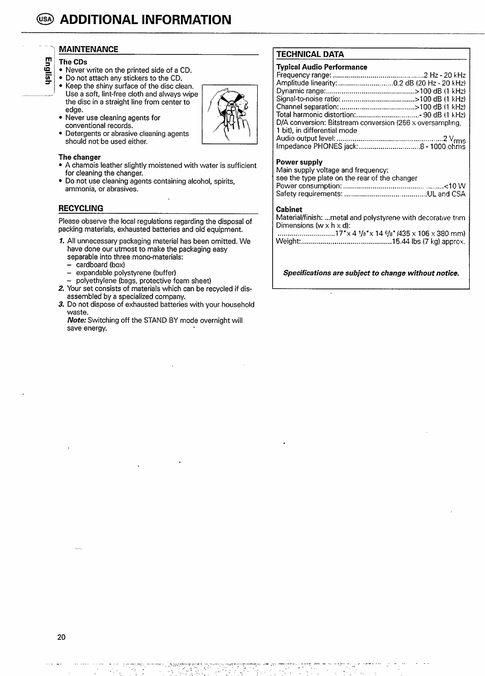 Additional information, Maintenance, The cds | The changer, Recycling | Philips CDC 936 User Manual | Page 20 / 26