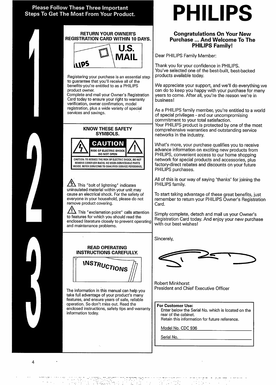 Philips, Know these safety symbols, Read operating instructions carefully | Caution | Philips CDC 936 User Manual | Page 4 / 26