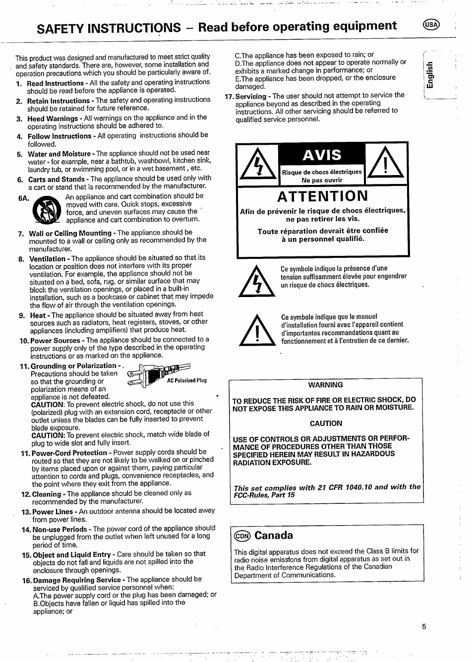 Avis, Attention, Canada | Philips CDC 936 User Manual | Page 5 / 26