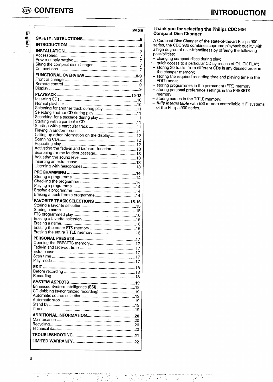 Contents introduction | Philips CDC 936 User Manual | Page 6 / 26