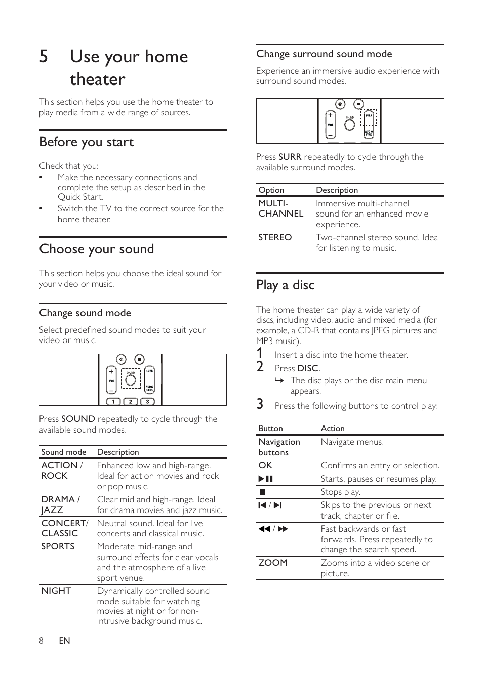 5 use your home theater, Play a disc, Before you start | Choose your sound | Philips HTS3540/51 User Manual | Page 10 / 20