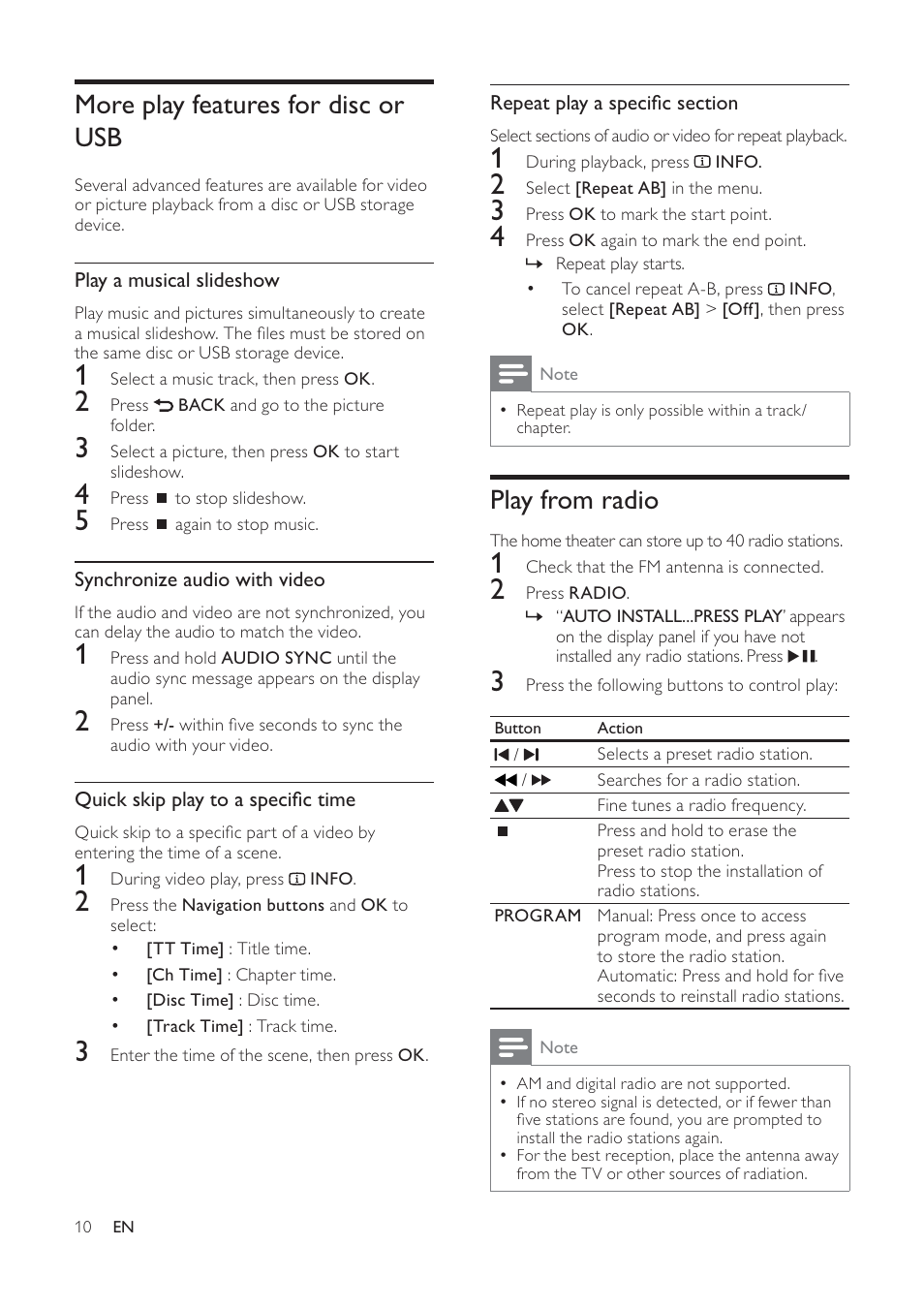 Play from radio, More play features for disc or usb | Philips HTS3540/51 User Manual | Page 12 / 20