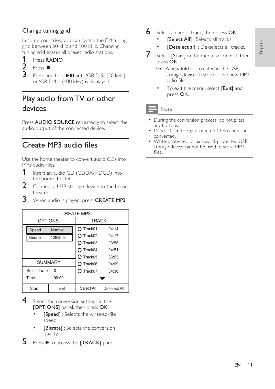 Play audio from tv or other devices, Create mp3 audio ﬁ les | Philips HTS3540/51 User Manual | Page 13 / 20