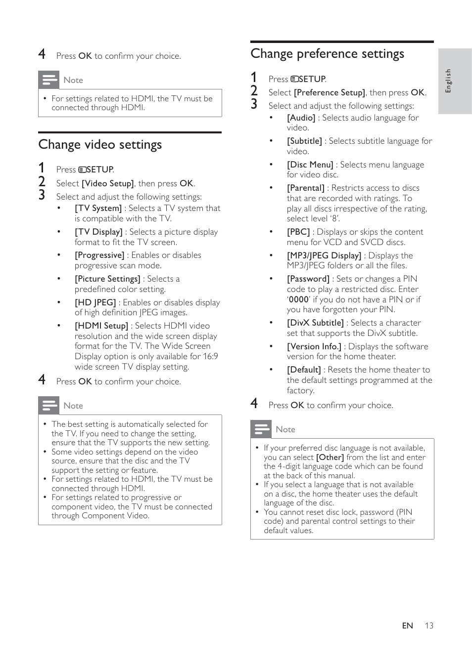 Change preference settings, Change video settings | Philips HTS3540/51 User Manual | Page 15 / 20