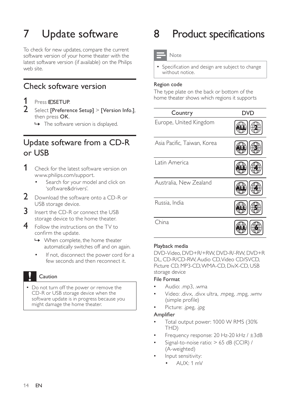 8 product specifications, 7 update software, Check software version | Update software from a cd-r or usb | Philips HTS3540/51 User Manual | Page 16 / 20